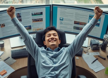 Writer celebrating productivity with AI content creation