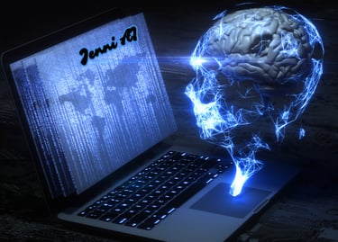 a laptop computer displaying with jenni ai text on the screen with a robot head