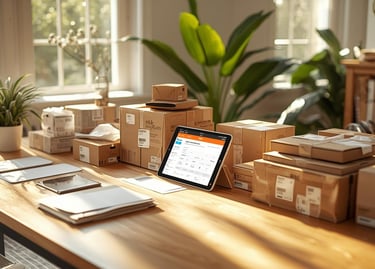 Home business shipping station with packages and tablet