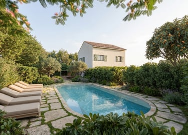 Luxury villa with a private swimming pool, sun loungers, and lush Mediterranean landscaping.