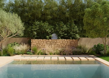 Modern luxury backyard swimming pool with stepping stones and a lush tropical bamboo privacy screen.