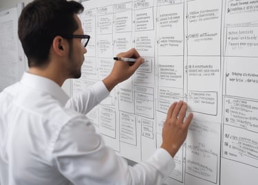 A hand holds a black business card with white text reading 'FORTY TWO Strategy Innovation Design' against a blurred urban skyline backdrop. The sky is clear and blue, suggesting a bright day.
