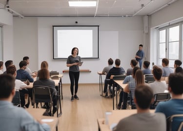A hand holds a black business card with white text reading 'FORTY TWO Strategy Innovation Design' against a blurred urban skyline backdrop. The sky is clear and blue, suggesting a bright day.