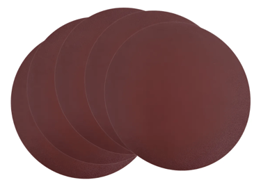 Set of five round maroon orbital sanding discs for woodworking and metal finishing.