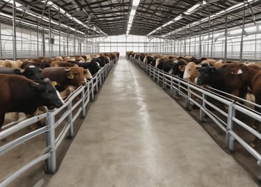 A pastoral scene showing cattle grazing peacefully on a green farm under a clear sky.