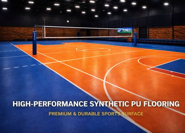 Indoor volleyball court with high-performance synthetic PU flooring and premium blue and orange sports surface.