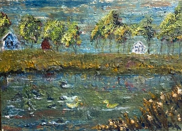 a painting of a house on a pond