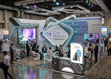 Professional booths for Cash My Stock. Turnkey project management by Morgan Expo.