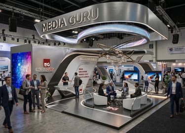 Bespoke Mediaguru exhibition booths. Professional construction by Morgan Expo.