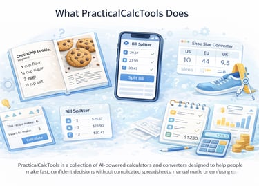 AI-powered calculators and smart tools processing real-world data for conversions, budgeting, recipes,everyday calculations