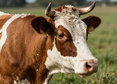 Close documentary portrait of a Jersey cross cow in three-quarter profile, warm daylight from the right, large dark eyes, fawn and white coat, open pasture background with soft green depth, intimate framing, no confinement, no human subjects