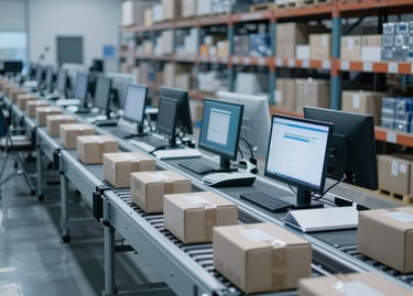 A vibrant workspace showing a laptop with Amazon seller dashboard open, surrounded by product samples.