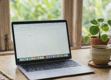 A laptop on a wooden table by a window with a coffee mug and small plant in natural daylight