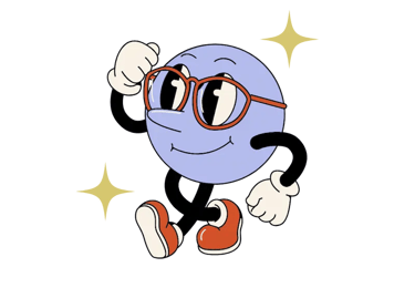 Personaje ilustrado de Talenty con forma de esfera azul, gafas rojas y actitud juvenil