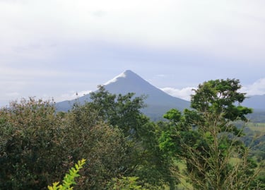Panoramic view of the conical Arenal Volcano in Costa Rica framed by lush tropical green trees.