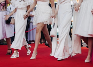 Women in elegant white dresses and high heels walking on a celebrity red carpet event.