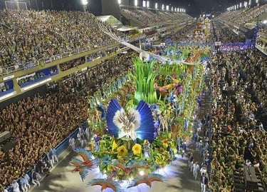 A colorful carnival parade float travels through a crowded stadium during the Rio de Janeiro Carnival.