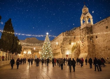 Crowds gather at Manger Square in Bethlehem to see the illuminated Christmas tree and Church of the Nativity.