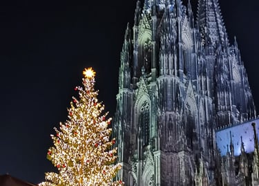 A glowing Christmas tree lit with golden lights in front of the Cologne Cathedral at night.