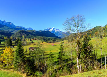 Scenic alpine landscape in the Bavarian Alps with green meadows, rustic wooden huts, and snow-capped mountains.