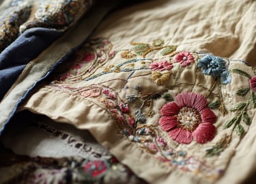 Close-up of intricate floral hand embroidery with pink and blue blossoms on vintage beige fabric.