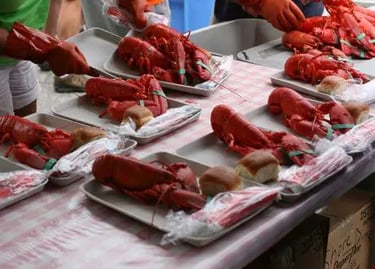 Trays of fresh steamed whole red lobsters served with bread rolls at a traditional Maine lobster bake.