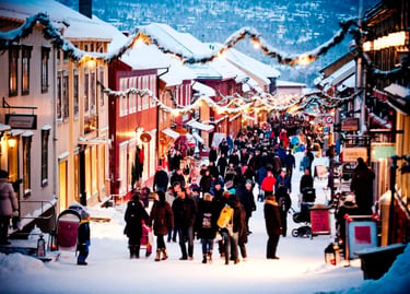 Crowds walking through a snowy European Christmas market street with festive lights and winter decorations.