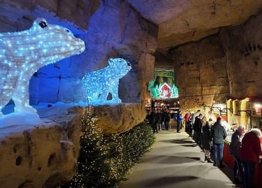 Illuminated polar bear figures at the Valkenburg Christmas market inside a limestone cave.
