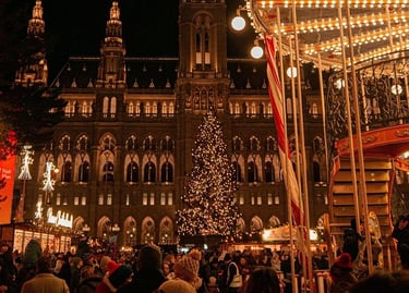 Crowds at the Vienna Christmas Market at Rathausplatz with a lit tree and carousel.
