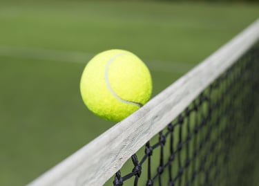 A yellow tennis ball hitting the top of a white net on a grass court during a match.