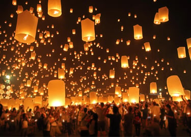 Hundreds of glowing paper lanterns released into the night sky during a traditional Yi Peng festival celebration.