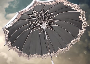 a black and white umbrella with a white lace trim