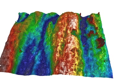 High resolution surface topography colour map taken on an optical profiling microscope to sub-micron