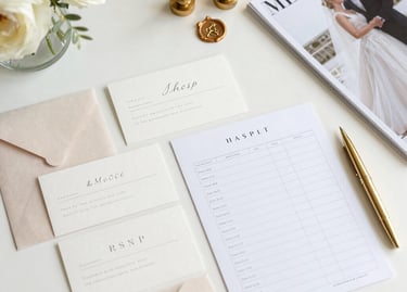 Overhead shot of a seating chart with elegant calligraphy and floral decorations.