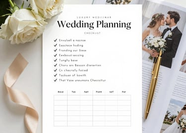 Close-up of a luxurious wedding budget planner with champagne accents.