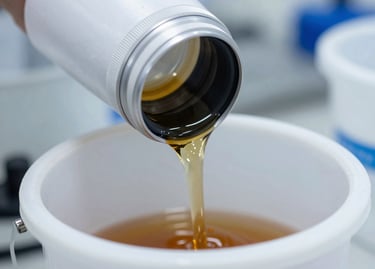 Close-up of liquid amber polyurethane raw material being poured in a laboratory, clean high-contrast lighting, 35mm lens