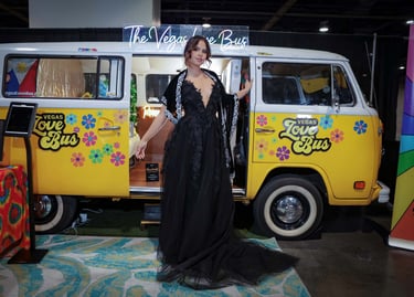 Beautiful model in front of a love bus in a wedding gown by Bartolini in Las Vegas