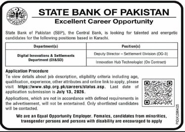 SBP Karachi jobs 2026 — Deputy Director and Innovation Hub Technologist, apply by July 13