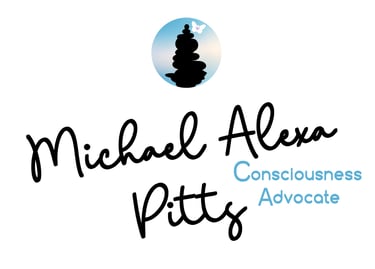 Michael Alexa Pitts name in black cursive, consciousness advocate blue print, sky blue icon with black cairn, white bttrfly