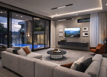 Modern luxury living room with a sectional sofa, wall-mounted TV, and view of a backyard pool.