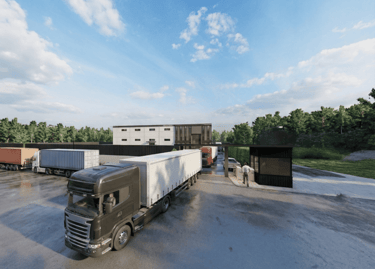A commercial logistics center featuring semi-trucks parked at a modern warehouse loading dock.
