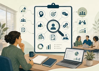Business manager analyzing employee performance metrics and team collaboration data on a large digital clipboard.