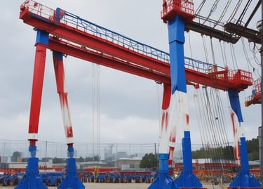 Overhead crane in operation with safety signage visible.