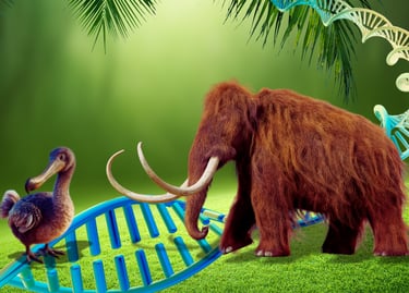Visual illustration, dodo and mammoth, and a 3D DNA sequence passing through them.