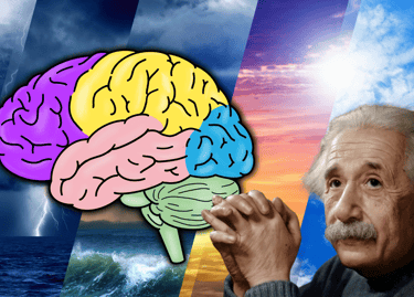 Colorful brain, different weather conditions in the background and, to the right, Albert Einstein.