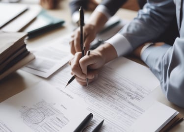 Four men in business attire are engaged in a discussion around a table. One man appears to be explaining something while pointing at some documents in front of them. The others are listening attentively, and one holds a pen and a mobile device. The setting is a plain office environment.