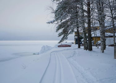 Snowy cottage with frozen lake and winter driveway.