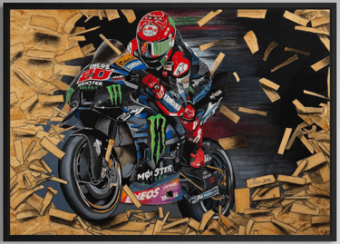 Oeuvre El Diablo, représentant un pilote de moto en pleine course, peinture réalisée sur bois OSB.