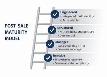 Post-sale maturity model outlining reactive, managed, structured, and engineered stages of customer retention strategy