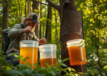 a man collecting tree sap with plastic buckets